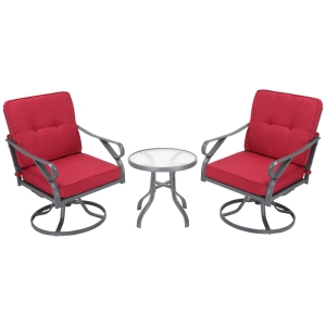 Outsunny 3 Pieces Outdoor Bistro Set, 2 Swivel Rocker Chairs and 1 Round Tempered Glass Table with Cushion, Red