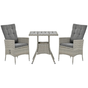 Outsunny 3 pc Patio PE Rattan Bistro Set, Outdoor Recliner Chairs with Wood Grain Plastic Top Tea Table, Conversation Furniture Set, Dark Blue