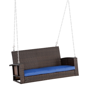 Outsunny 2-Person Wicker Hanging Porch Swing Bench Outdoor Chair with Cushions, Dark Blue