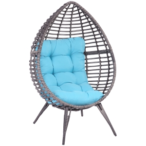 Outsunny Teardrop Wicker Lounge Chair with Soft Cushion, Outdoor/Indoor PE Rattan Egg Cuddle Chair with Height Adjustable Knob for Backyard, Patio, Garden, Lawn, Living Room, Sky Blue