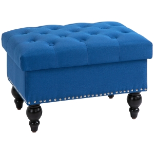 HOMCOM 25" Storage Ottoman with Removable Lid, Button-Tufted Fabric Bench for Footrest and Seat with Wood Legs, Blue