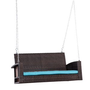 Outsunny 2-Person Wicker Hanging Porch Swing Bench Outdoor Chair with Cushions, Sky Blue
