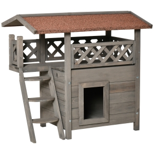 PawHut Outdoor Cat House, 2-Story Shelter, Wooden Kitten Condo with Asphalt Roof, Stairs, Balcony, 30" x 20" x 29", Light Grey