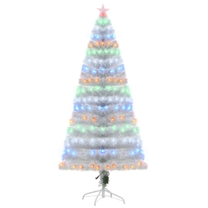 HOMCOM 6ft Tall Fir Artificial Christmas Tree with Realistic Branches, 230 Multi-Color Fiber Optic LED Lights and 230 Tips, White