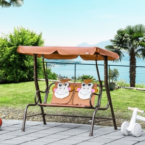 Outsunny 2-Seat Kids Canopy Swing, Children Outdoor Patio Lounge Chair, for Garden Porch, with Adjustable Awning, Seat Belt, Monkey Pattern, for 3-6 years old, Coffee