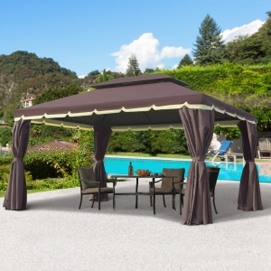 Outsunny 10 x 13ft Aluminum Frame Gazebo Canopy Double Tier Garden Shelter with Netting and Curtains, Coffee
