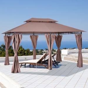 Outsunny 13'L x 10'W x 8.7'H Patio Gazebo Outdoor 2-Tiers Garden Canopy Yard Sunshade Shelter with Curtains, Khaki