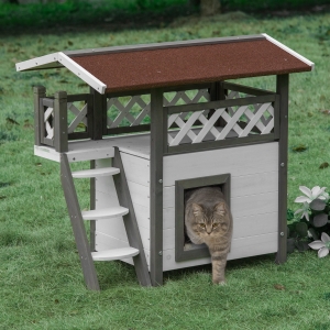 PawHut Outdoor Cat House, 2-Story Shelter for Feral Cats, Wooden Kitten Condo with Asphalt Roof, Stairs, Balcony, 30" x 20" x 29"