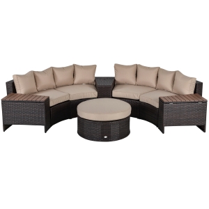 Outsunny 8 Piece Patio Furniture Set Half Round with Side Tables, Umbrella Hole, Cushions, Outdoor Rattan Sofa Beige