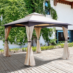 Outsunny 10' x 10' Outdoor Patio 2-tier roof Gazebo Canopy Steel Frame w/ Mesh Sidewalls