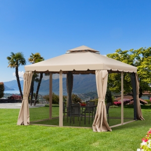 Outsunny 10' x 10' Outdoor Patio Gazebo Double Soft-top Garden Shelter Tent with Beautiful Polyester Curtains, & Mesh Screen Drapes, Khaki