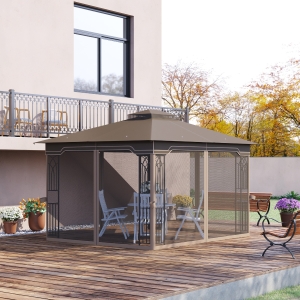 Outsunny 12' x 10' Patio Gazebo Outdoor Canopy Shelter with Double Tier Roof and Netting Sidewalls, Brown
