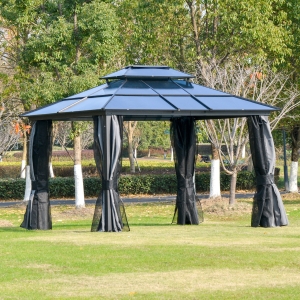 Outsunny 12' x 10' Polycarbonate Hardtop Gazebo Canopy Outdoor Double Tier Roof Aluminum Frame with Curtains, Netting Sidewalls Patio, Black