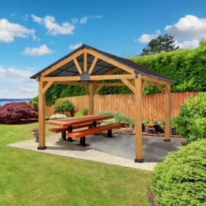 Outsunny 13' x 11' Wooden Gazebo Canopy Outdoor Sun Shade Shelter w/ Steel Roof Solid Wood Black & Natural