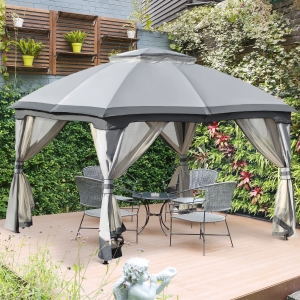 Outsunny 12' x 10' 2-Tier Outdoor Gazebo Canopy Tent for Patio with Zippered Mesh Sidewalls, Solid Steel Frame, Arched Roof, Grey