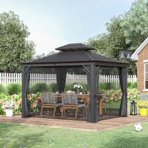 Outsunny 12' x 10' Outdoor Hardtop Gazebo with Galvanized Steel Canopy and Netting Sidewalls, Dark Grey