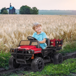 Aosom 12V Kids Ride-on Car Electric Truck Pickup Toy with Parent Remote Control and Trailer, MP3/USB Input for Music, Red