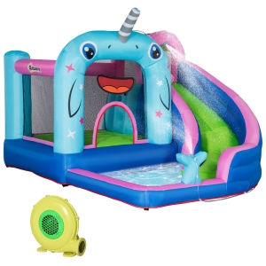 Outsunny Kids Inflatable Bounce Narwhal Theme Jumping Castle with Inflator, Bag, Patches