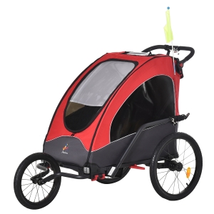 Aosom Child Bike Trailer 3 In 1 Foldable Baby Trailer Transport Buggy Carrier with Shock Absorber System Rubber Tires Adjustable Handlebar - Red and Grey