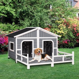 PawHut 59"x64"x39" Wood Large Dog House Cabin Style Elevated Pet Shelter w/Porch Deck Grey