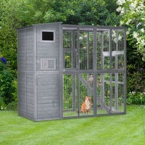 PawHut Large Wooden Outdoor Cat House with Large Run for Play, Catio for Lounging, and Condo Area for Sleeping, Grey