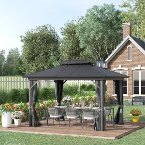 Outsunny 10' x 12' Steel Hardtop Aluminum Frame Gazebo Garden Sun Shelter with Mosquito Netting and Curtains Hanging Hook, Black
