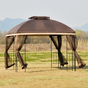 Outsunny 10' x 10' Outdoor Patio Gazebo Canopy with Double Tier Roof, Removable Mesh Curtains, Display Shelves, Brown