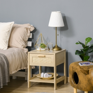 HOMCOM Nightstand with Rattan Drawer and Storage Shelf, End Side Table for Bedroom, Living Room, Natural