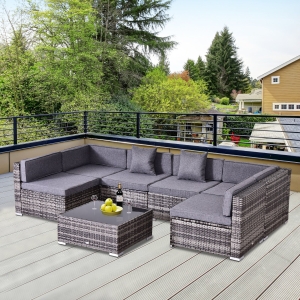 Outsunny 7pc Garden Wicker Sectional Set w/Tea Table Patio Rattan Lounge Sofa with Cushion Outdoor Deck Furniture All Weather Grey