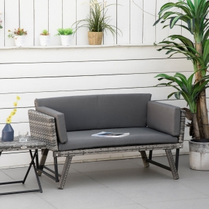 Outsunny Convertible Rattan Sofa Bed Chaise Lounge Wicker Loveseat Armchair Double Seat with Cushion All Weather Patio Furniture Grey