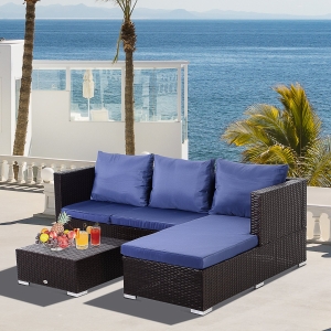 Outsunny 3 Piece Adjustable Seat Rattan Wicker Sofa Set Sleeping Couch Bed Lounge Coffee