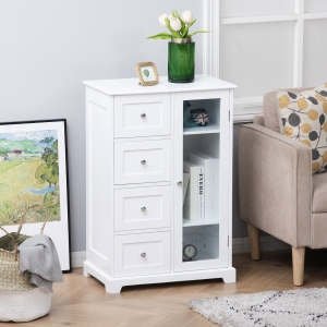 HOMCOM Floor Cabinet with Glass Door & 4 Drawers, Sideboard, Bathroom Storage Cabinet with Adjustable Shelf, for Living Room, Entryway, White
