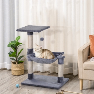 PawHut 27.5" Cat Tree Tower Kitten House Condo Furniture Hammock Bed with Natural Sisal Scratching Post Teasing Toy, Light Grey
