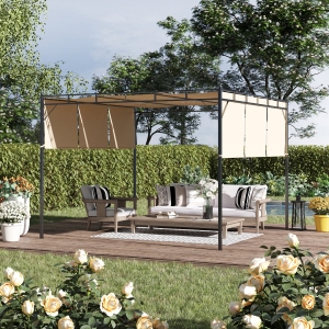 Outsunny 10' x 10' Retractable Pergola Canopy Patio Gazebo Sun Shelter with Steel Frame for Outdoor, Beige
