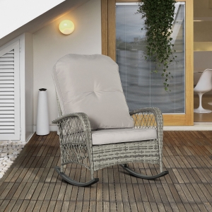 Outsunny Outdoor PE Rattan Rocking Chair, Patio Wicker Recliner Rocker Chair with Soft Cushion, for Garden Backyard Porch, Khaki