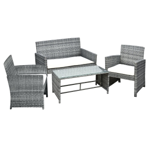 Outsunny 4 Piece Patio Furniture Set Cushioned Outdoor Rattan Wicker Chair and Loveseat