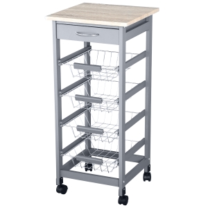 HOMCOM 32.25" Wooden Rolling Kitchen Storage Cart, Trolley Cart on 360° Swivel Wheels with Storage Drawer, Grey