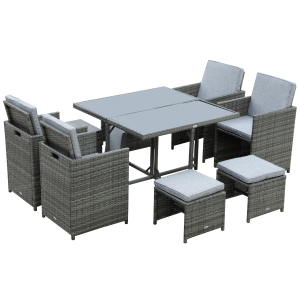 Outsunny 9 Piece Outdoor Rattan Wicker Dining Table and Chairs Furniture Set Space Saving Wicker Chairs w/ Cushions - Grey