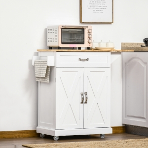 HOMCOM Foldable Kitchen Island with Storage Drawer, Farmhouse Style Rolling Utility Cart, Coffee Bar Cabinet on Wheels with Drop-Leaf Wood Top, White
