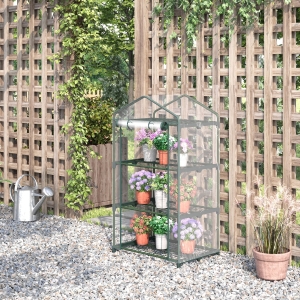 Outsunny 3 Tier Mini Greenhouse Portable Plant Greenhouse with Roll Up Door and Wire Shelves, 27" x 19" x 49", Clear