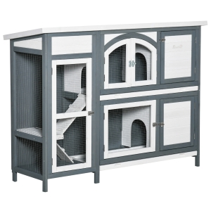 PawHut 2-Story Wooden Rabbit Hutch, Small Animal Bunny Cage Run w/ Slide Tray, White