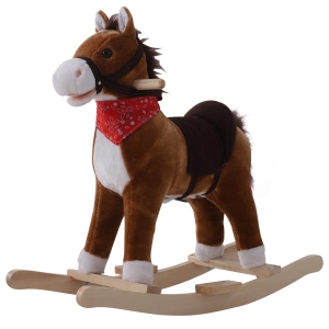 Qaba Kids Plush Toy Rocking Horse Ride on with Realistic Sounds and Tail with Red Scarf