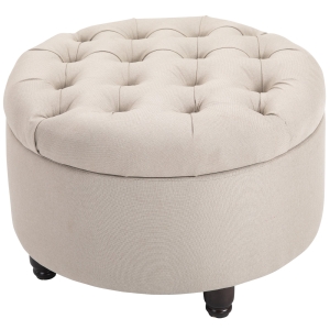 HOMCOM Round Linen-touch Fabric Storage Stool Ottoman Button Tufted Footrest with Removable Lid for Living Room, Entryway, or Bedroom, Beige