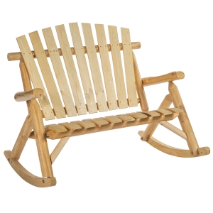 Outsunny Outdoor Adirondack Rocking Chair with Log Slatted Design, 2-Seat Patio Wooden Rocker Loveseat with High Back for Lawn Backyard Garden, Burlywood