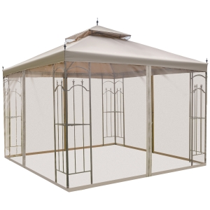 Outsunny 10' x 10' Steel Outdoor Patio Gazebo Canopy with Removable Mesh Curtains, Display Shelves, & Steel Frame - Brown