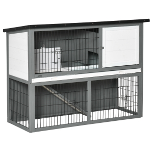 PawHut 48'' Wooden Rabbit Hutch - Water Resistant Pet House 4 Doors w/ Ramp
