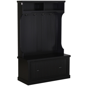 HOMCOM Hall Coat and Shoe Storage Hall Cabinet with Top and Bottom Storage, Metal Double Hooks and Bench - Black
