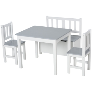 Qaba 4-Piece Kids Table Set with 2 Wooden Chairs, 1 Storage Bench, and Interesting Modern Design - Grey/White