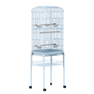 PawHut 63" Metal Indoor Bird Cage Starter Kit with Detachable Rolling Stand, Storage Basket, and Accessories - White