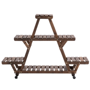 Outsunny 56'' x 14'' x 41'' 4 Tier Wooden Plant Stand with Removable Wheels, Large Display Capacity & Wood Build - Brown